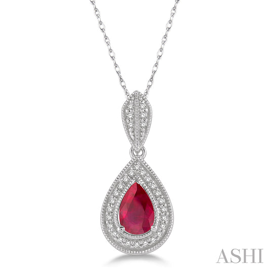 White Gold Ruby Pear Shape Diamond Pendant