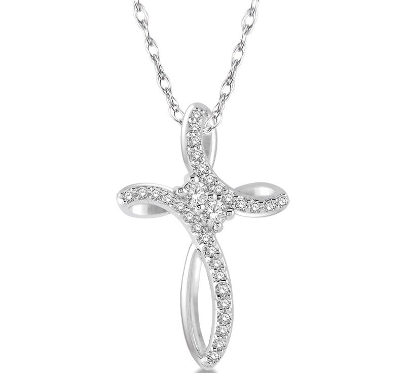 1/5 Ctw Cross 2Stone Round Cut Diamond Pendant With Link Chain in 14K White Gold