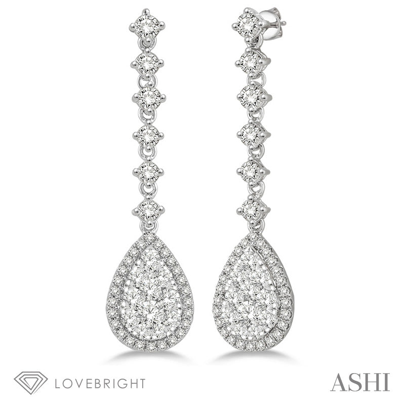 1 Ctw Pear Shape Dangler Round Cut Diamond Lovebright Earrings in 14K Yellow and White Gold