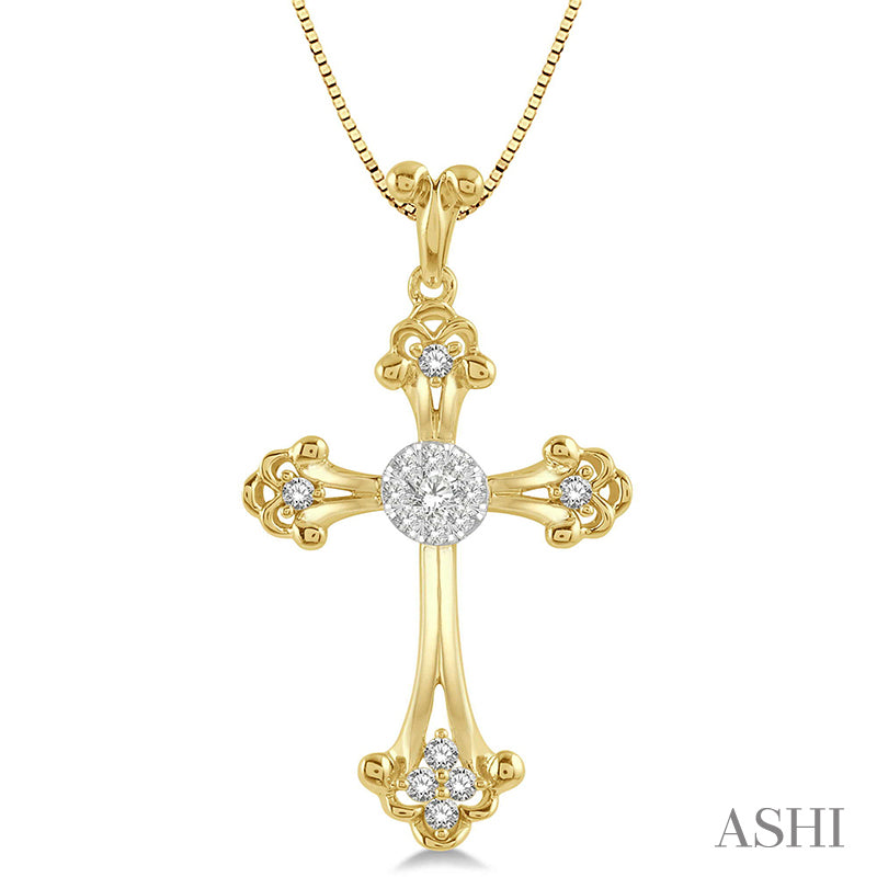 1/4 Ctw Art Deco Lovebright Round Cut Diamond Cross Pendant in 14K Yellow and White Gold with chain