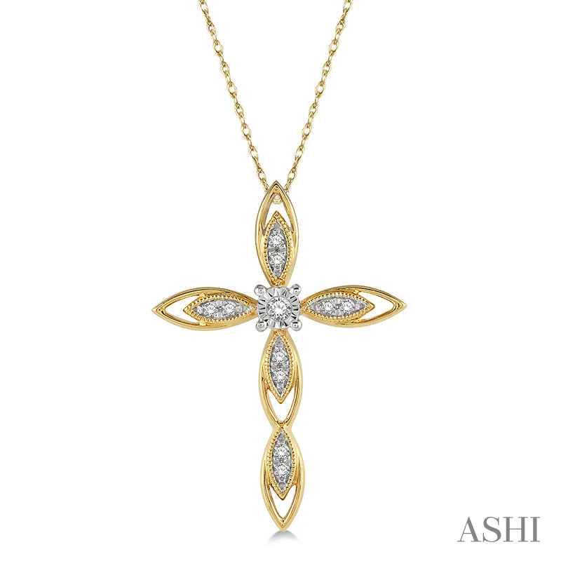 1/10 ctw Extended Frame Marquise Cross Charm Round Cut Diamond Pendant With Chain in 10K Yellow Gold