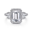 Outstanding Five Stone Emerald Cut Halo Diamond Engagement Ring in 18K Gold | Gemma's Jewelers