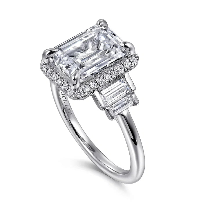 Outstanding Five Stone Emerald Cut Halo Diamond Engagement Ring in 18K Gold | Gemma's Jewelers