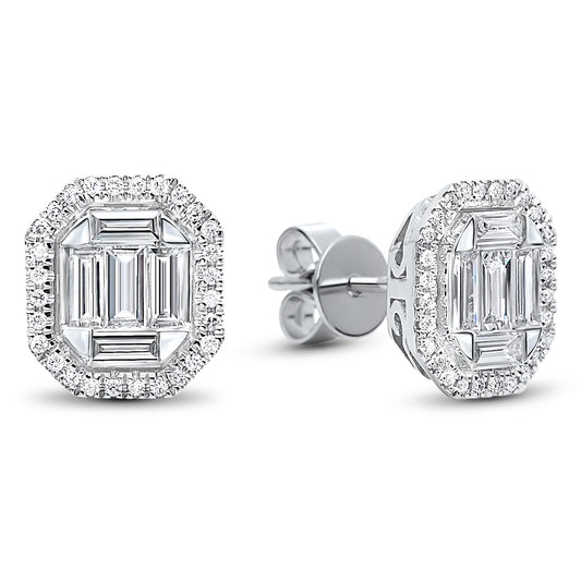14K White Gold Baguette Halo Diamond Earrings 3/4 ct