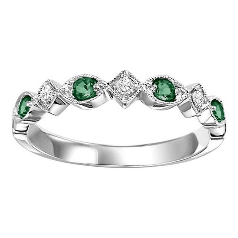 14K White Gold Emerald & Diamond Stackable Ring