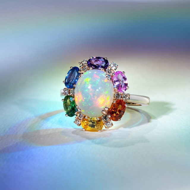 Fun & Fashionable LeVian Creme Brulee Ring with Opal and Colored Sapphires  in 14K Strawberry Gold | Gemmas Jewelers