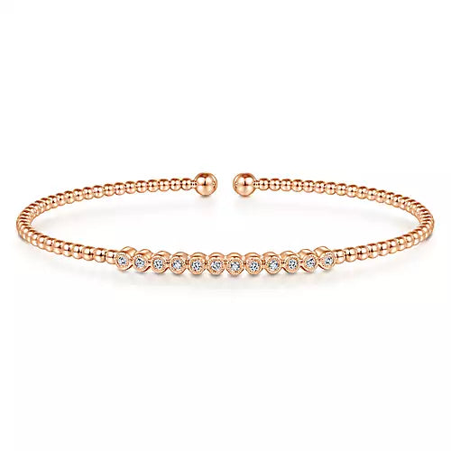 14K Rose Gold Bujukan Bead Cuff Bracelet with Bezel Set Diamond Stations