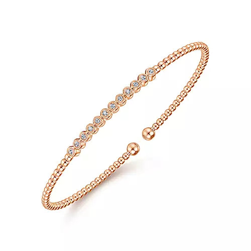 14K Rose Gold Bujukan Bead Cuff Bracelet with Bezel Set Diamond Stations