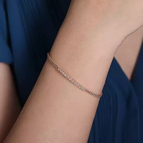 14K Rose Gold Bujukan Bead Cuff Bracelet with Bezel Set Diamond Stations