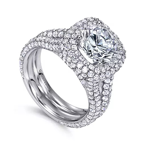 14K White Gold Round 2.48 Carats Double Halo Diamond Engagement Ring