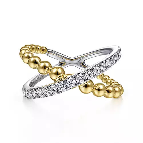 Gabriel 14K White-Yellow Gold Bujukan Diamond and Metal Bead Criss Cross Ring