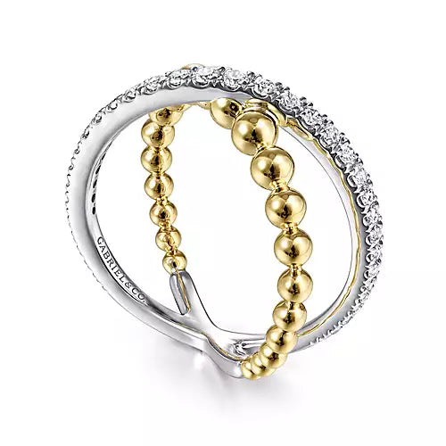 Gabriel 14K White-Yellow Gold Bujukan Diamond and Metal Bead Criss Cross Ring
