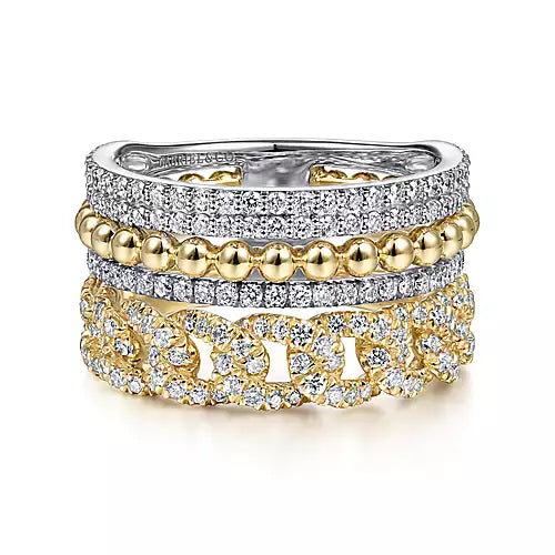 Gabriel 14K White-Yellow Gold Wide Band Layered Diamond Easy-Stackable