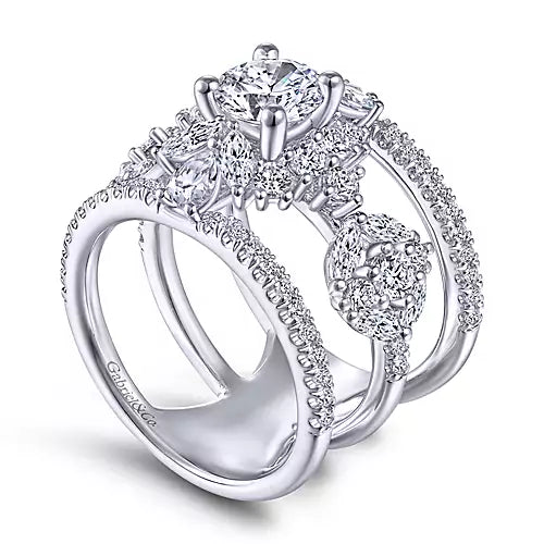 Unique 14K White Gold Three Stone Halo Diamond Engagement Ring