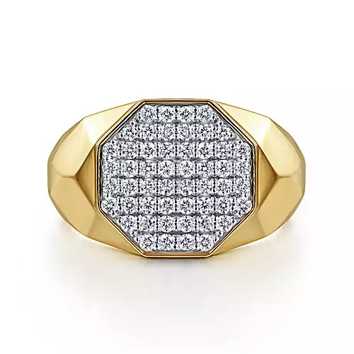 Wide 14K Yellow Gold Faceted Signet Ring with Pave Diamonds in High Polished Finish
