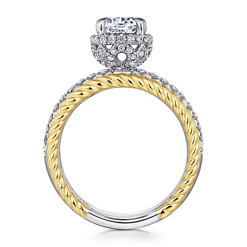 14K White-Yellow Gold Round Wide Band Diamond Engagement Ring