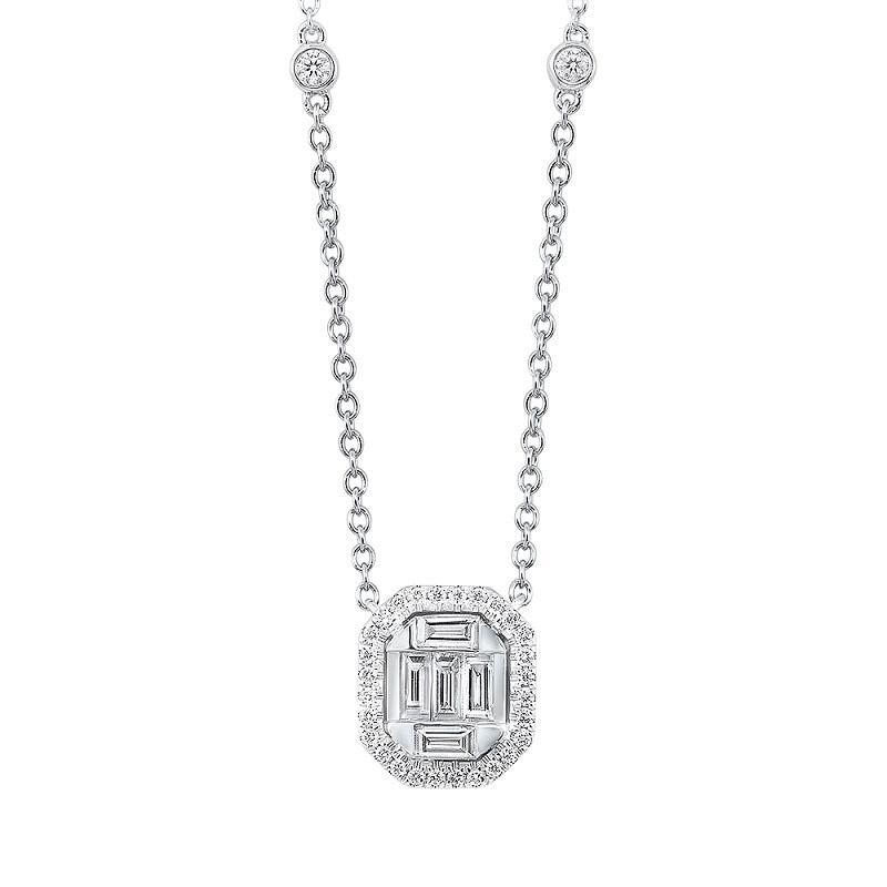 14K White Gold Halo Baguette Diamond Necklace 1/2 ct