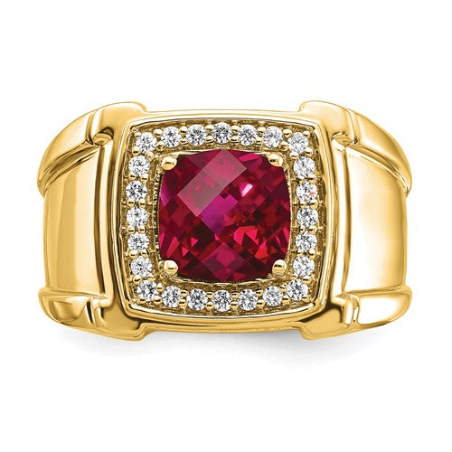 14k Checkerboard Ruby and Diamond Mens Ring