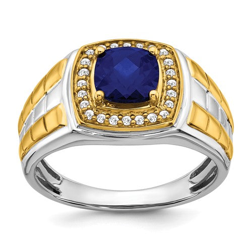 14k Two-tone Created Sapphire and Diamond Mens Ring