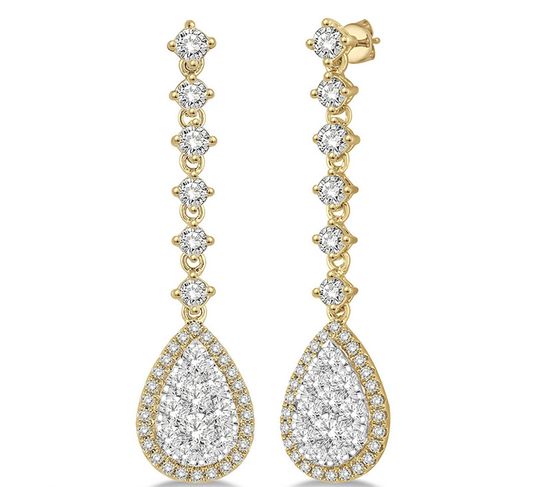 1 Ctw Pear Shape Dangler Round Cut Diamond Lovebright Earrings in 14K Yellow and White Gold