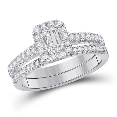 14K WHITE GOLD EMERALD DIAMOND BRIDAL WEDDING RING SET 1 CTW (CERTIFIED)
