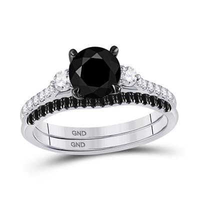 14K WHITE GOLD ROUND BLACK DIAMOND BRIDAL WEDDING RING SET 1-7/8 CTTW