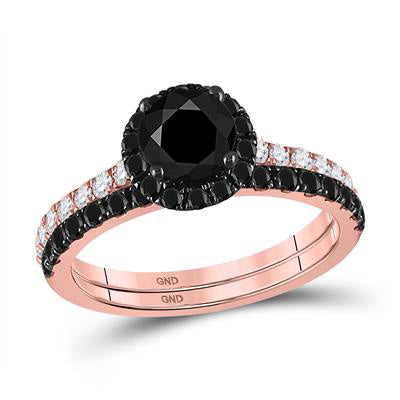 14K ROSE GOLD ROUND BLACK DIAMOND BRIDAL WEDDING RING SET 2-1/5 CTTW