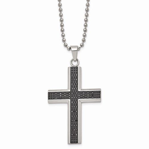 Stainless Steel Polished Black Rhodium Black Diamond Cross Necklace .50ctw