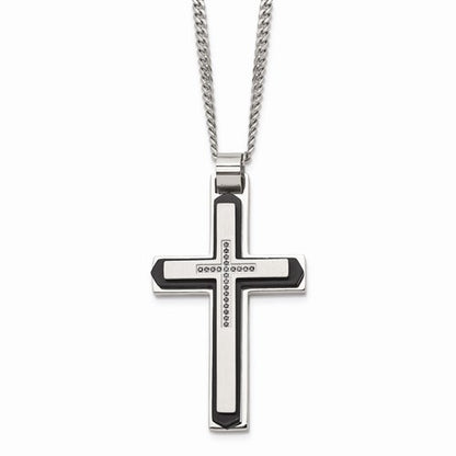 Stainless Steel Black-Plated And Black Diamonds Cross Necklace